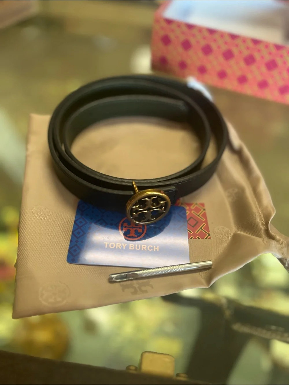 Tory Burch Black Leather Belt with Gold Tory Burch Logo